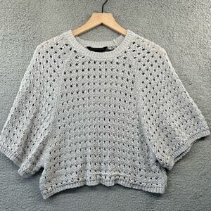 BCBG MAXAZRIA Open Knit Short Sleeve Sweater XS Gray Boho Beachy Summer Top